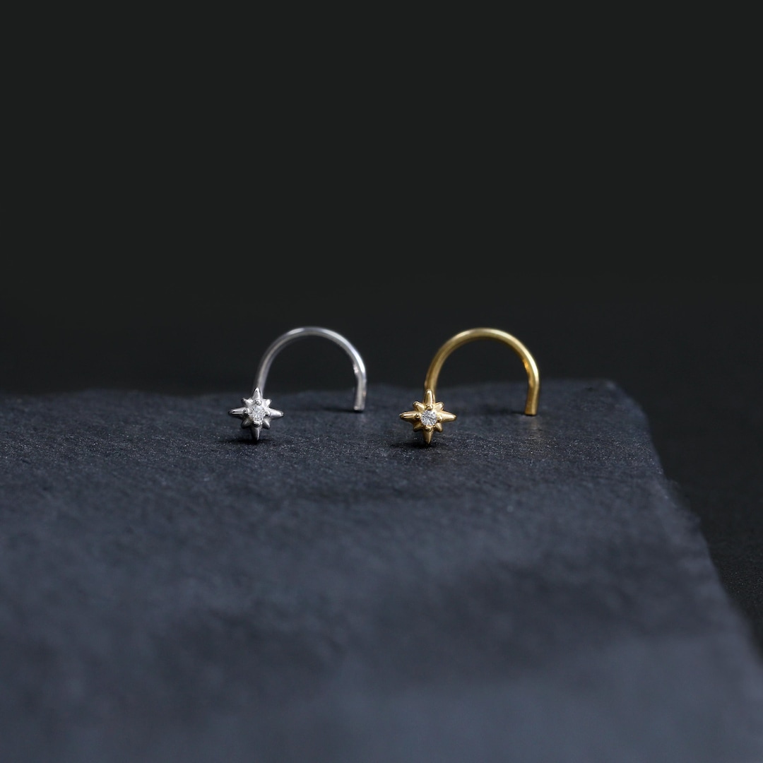 14K Gold Plated Star Celestial S-shaped Cubic Zirconia Nose Stud, 925 Sterling Silver Diamond Nose Piercing, Silver Dainty Diamond Nose Stud - Etsy Japan
