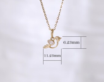 14K Solid Gold Bird Shaped Diamond Pendant Necklace, Solid Gold