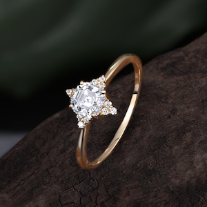 14K Solid Gold Asscher Cut Moissanite Engagement Ring, Solid Gold Square Promise Ring, 14K Gold Shining Moissanite Halo Ring, Gift For Her