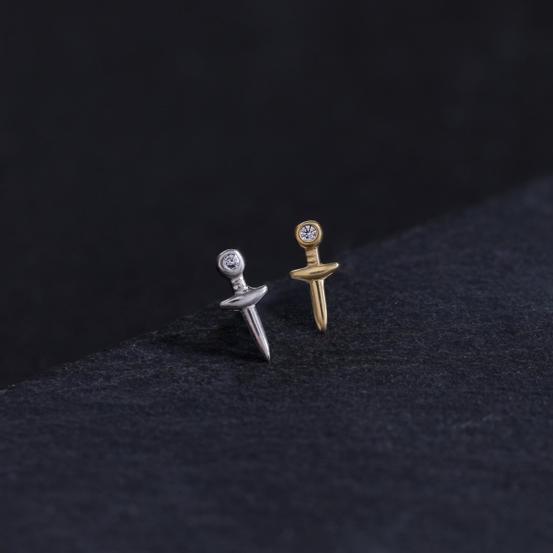 14k Gold Dagger Stud Earring • 925 Silver CZ Gemstone Knife Design ...