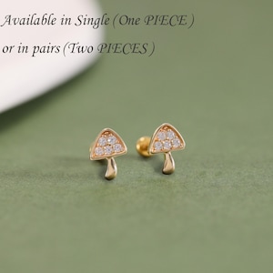 14K Solid Gold Tiny Mushroom Shaped Stud Earring, Solid Gold Cubic Zirconia Threadless Pin Stud, Helix Conch Cartilage Stud, Flat Back.
