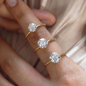 14K Solid Gold 6-Prong Round Cut Solitaire Moissanite Engagement Ring  1 CT - 2 CT - 1.5 CT Dainty Moissanite Ring Gold Promise Ring
