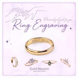 Puede incluir: Un anillo de oro con el texto GOLD Maestro grabado en el interior, rodeado de otros cuatro anillos de oro con diversos engastes y diseños. La imagen incluye el texto Ring Engraving, Personalized just for you y Gold Maestro Customized Jewelry.