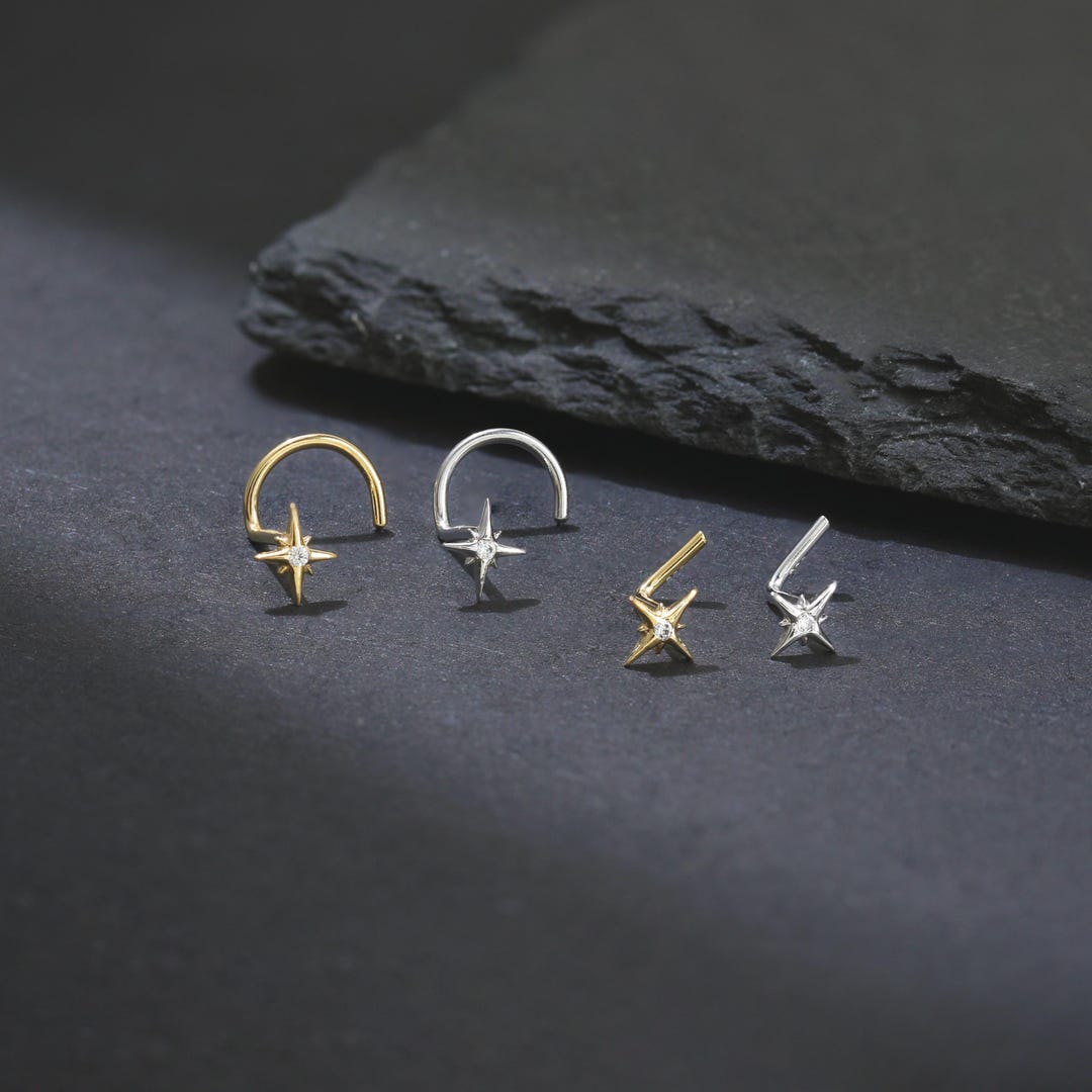 14K Gold Plated North Star With CZ Nose Stud, 925 Sterling Silver Celestial S-shaped/l-shaped Nose Ring, 925 Silver Polaris Nose Piercing - Etsy Japan