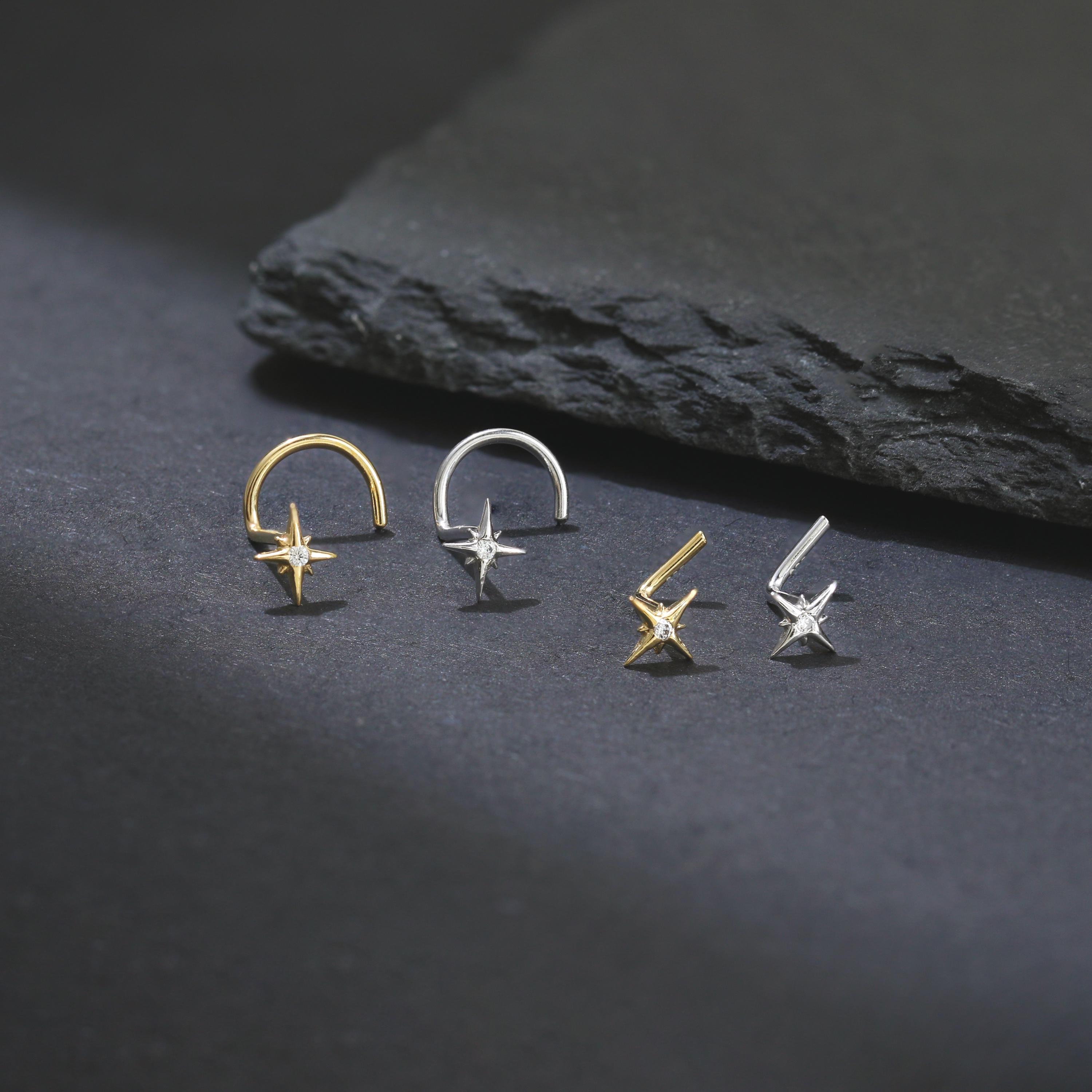 14K Gold Plated North Star with CZ Nose Stud, 925 Sterling Silver Celestial S-shaped/L-shaped  Nose Ring, 925 Silver Polaris Nose Piercing
