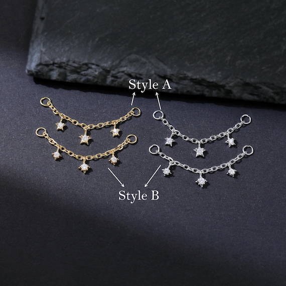 14K Solid Gold Triple North Stars Diamond Nose Chain, 925 Sterling Silver Polaris Chain, 14K Gold Plated Celestial CZ Helix Conch Hoop Chain