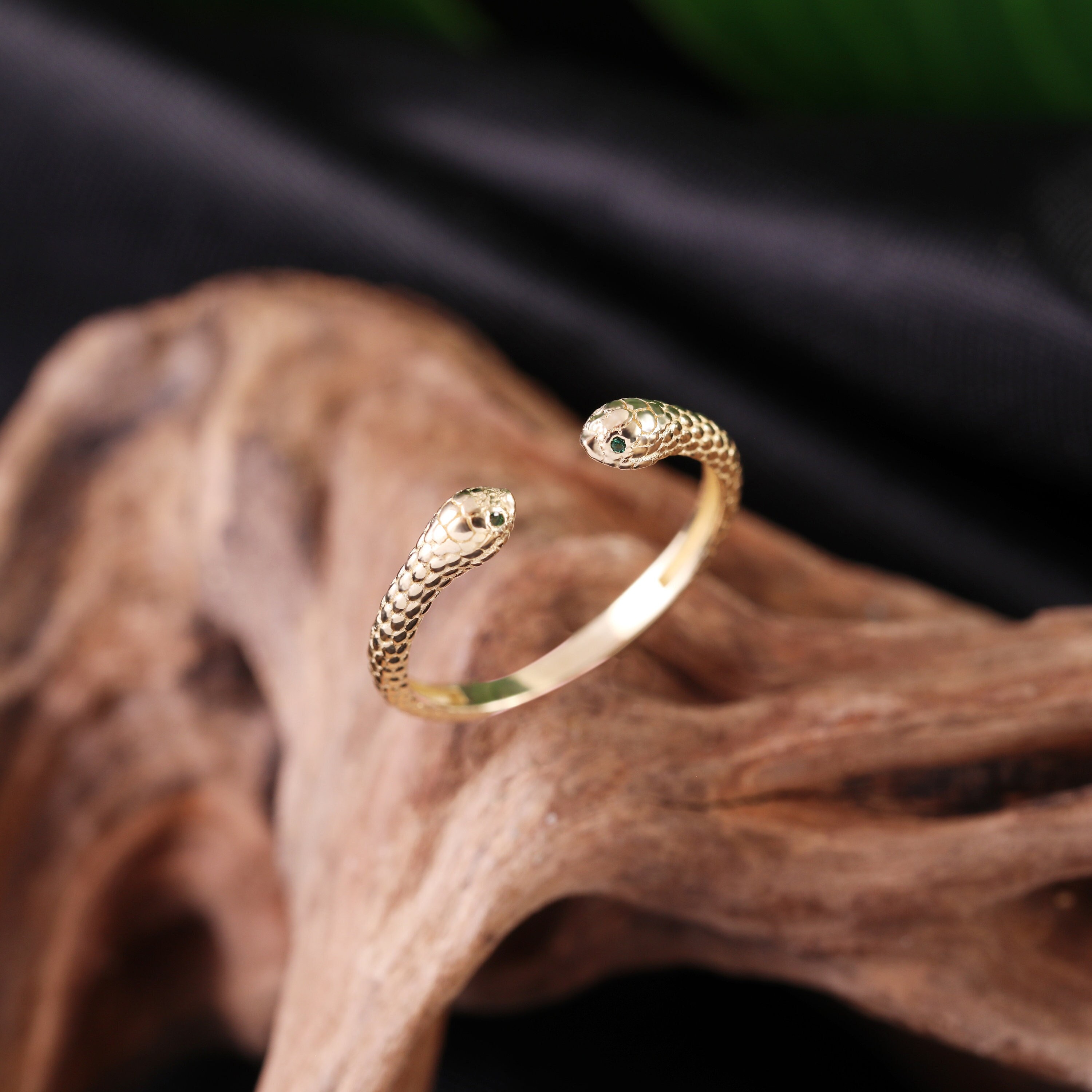 14k Solid Gold Double Snake With Emerald Opening Ring, Solid Gold