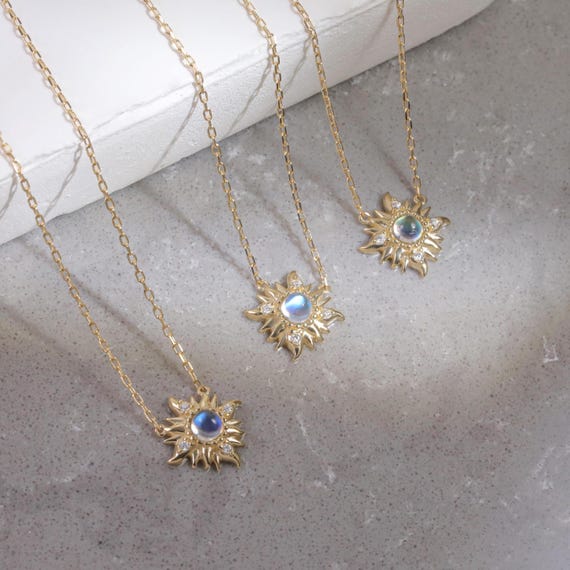 14K Solid Gold Sunburst Moonstone Pendent, Moissanite Dainty Sunshine Necklace, Sun Celestial Jewelry Gift For Her
