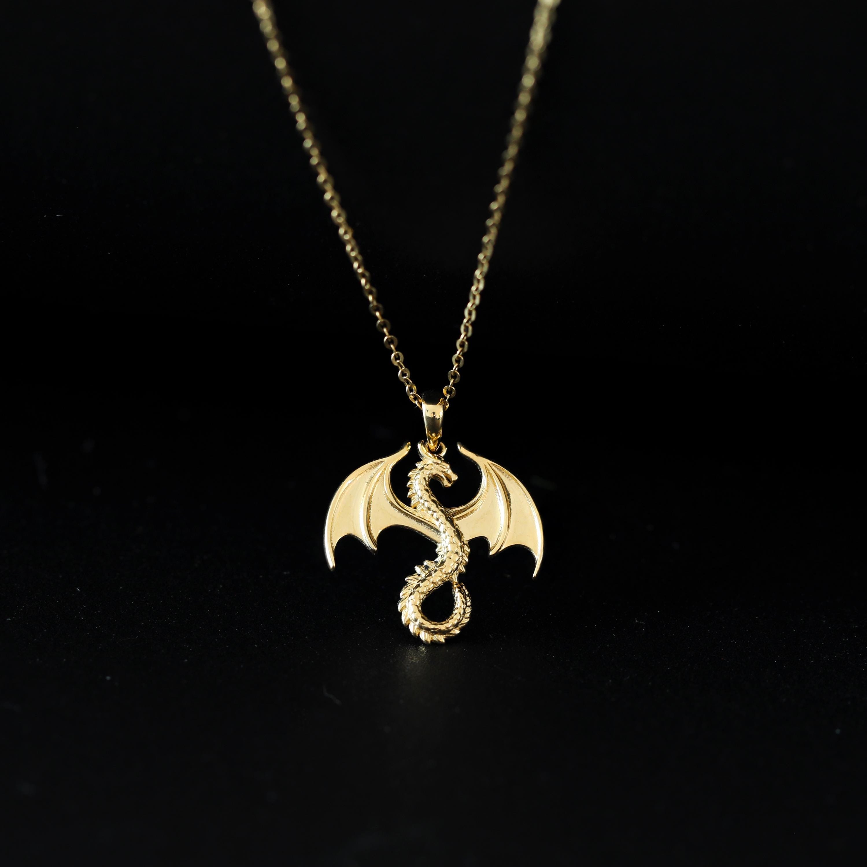 14K Solid Gold Flying Dragon Pendant Necklace, Dragon Charm Necklace, Dragon Necklace, Minimal Necklace, Animal Necklace
