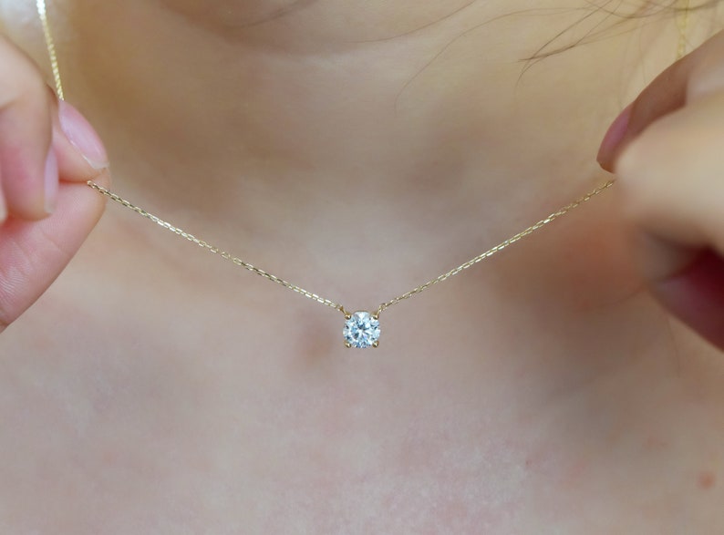 14k Gold Moissanite Necklace Moissanite Solitaire Necklace Bridesmaid Necklace Minimalist Round Brilliant Cut Solitaire Necklace image 7