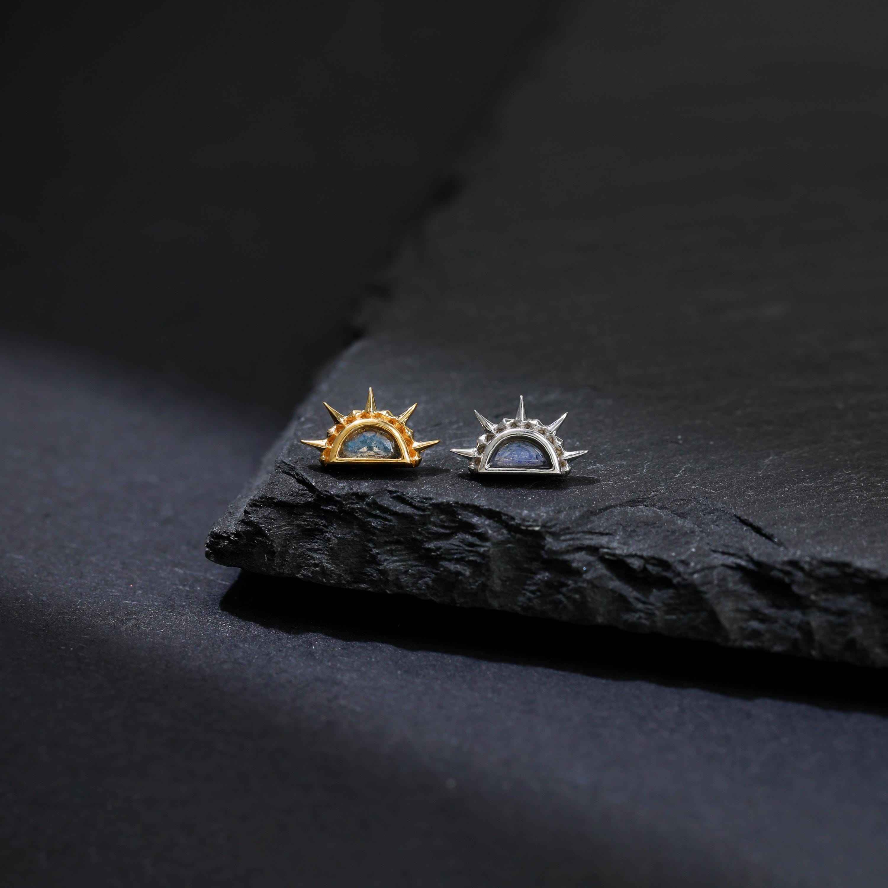 Sunburst Labradorite Earring, Delicate Half Sun Gemstone Stud, 925 Sterling Silver Spike Cartilage Helix Earlobe Piercing, Celestial Jewelry