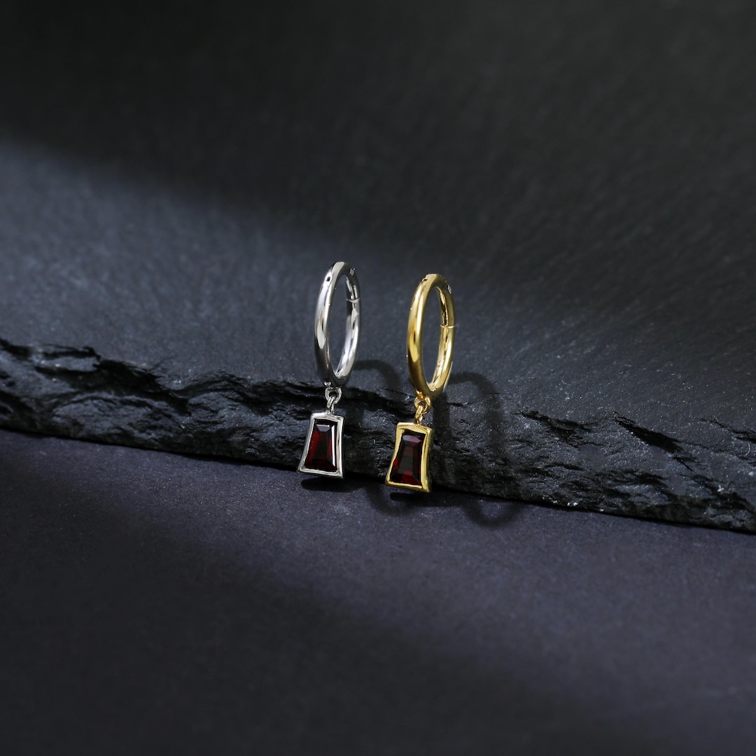 Dangle Hoop Rook Earing Garnet Trapezoid Dangle Hoop Earring, Dainty Red Gemstone Cartilage ...
