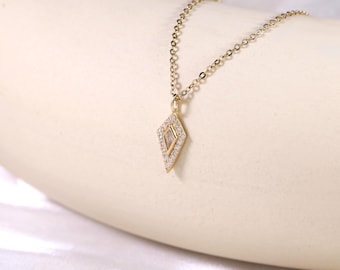 14k Solid Gold Rhombus Diamond Pendant Necklace, Solid Gold Kite Cubic Zirconia Necklace, 14K Shining Necklace, Stacking Geometric Necklace