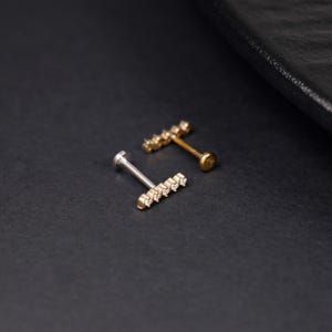 K&ouml;nnte beinhalten: Zwei Labret-Piercings mit flacher R&uuml;ckseite, eines in Silberoptik und eines in Goldoptik. Jedes Piercing besteht aus einem horizontalen Stab mit f&uuml;nf kleinen, klaren, runden Steinen in einer Reihe, befestigt an einem d&uuml;nnen Stift mit flacher Scheibe.
