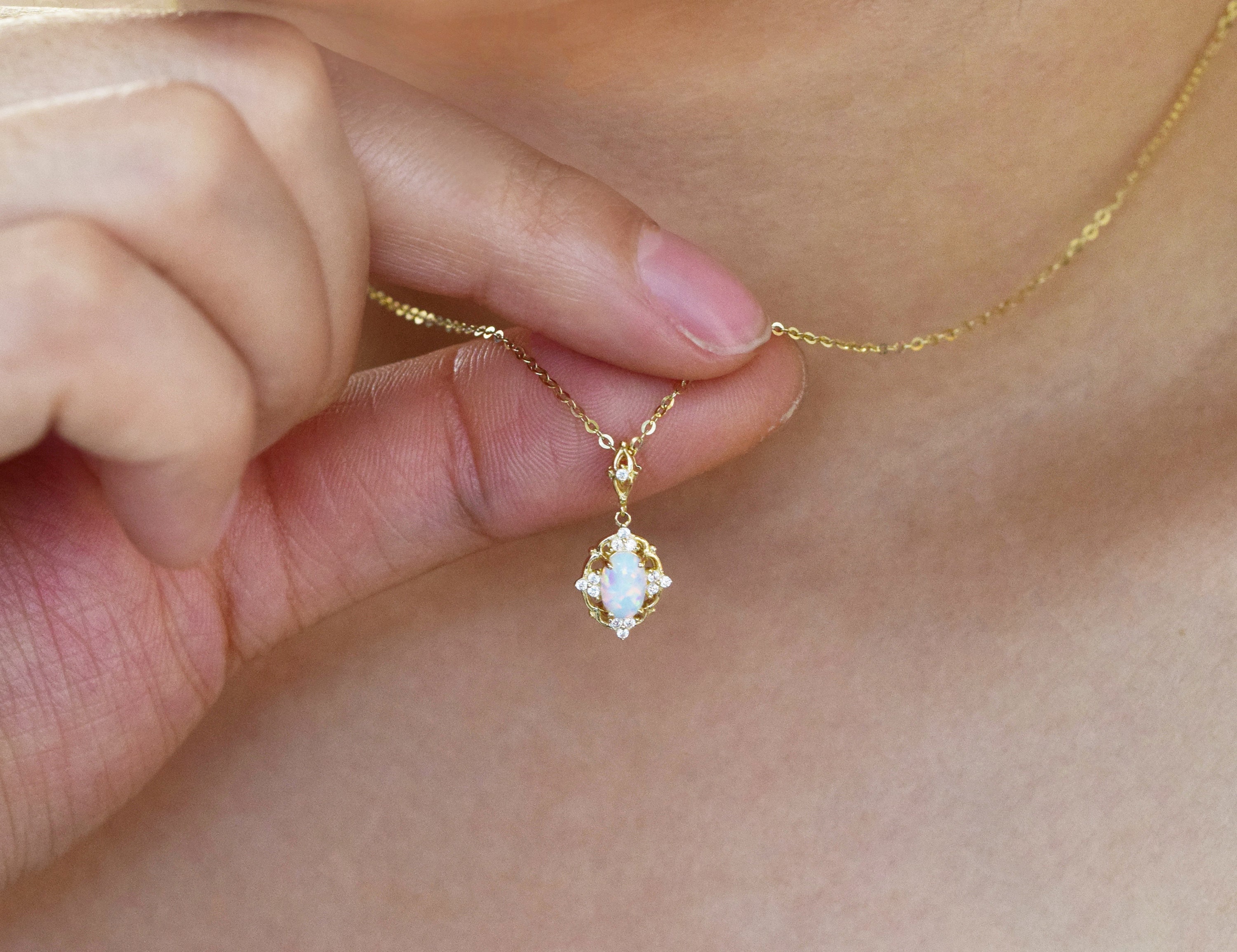 14k Solid Gold Opal Pendant Vintage Opal Diamond Necklace Pendant Oval Shape White Opal Pendant Gift for her Lucky Pendant