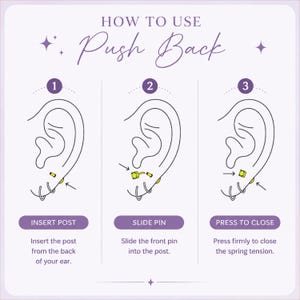 K&ouml;nnte beinhalten: Eine Anleitungsgrafik mit dem Titel HOW TO USE Push Back, die drei Schritte zum Einsetzen eines Ohrrings zeigt. Schritt 1: Stift von hinten einf&uuml;hren. Schritt 2: Vorderen Stift in den Pfosten schieben. Schritt 3: Fest dr&uuml;cken, um den Verschluss zu schlie&szlig;en.