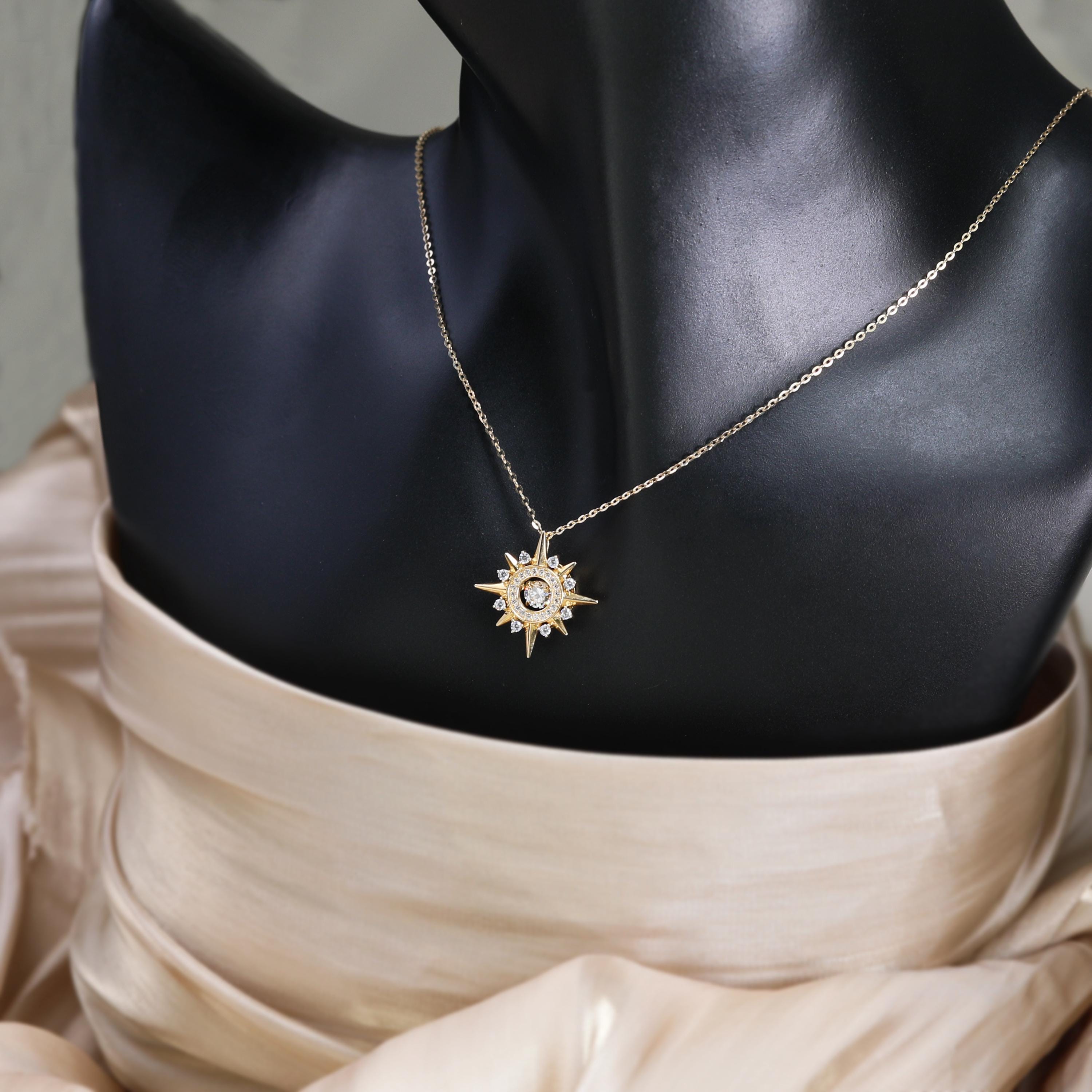 14k Solid Gold Dancing Diamond Pendent Necklace, Solid Gold