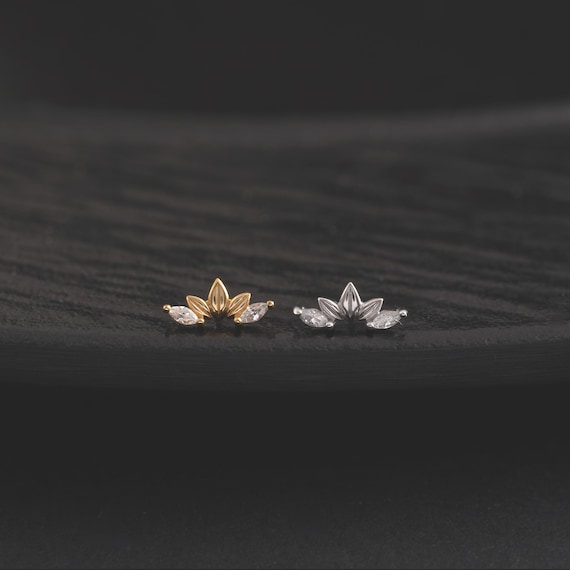 14K Gold Plated Flower Helix Stud Earring, 925 Sterling Silver Climber Threadless Flat Back, Dainty Flower CZ Earlobe Cartilage Piercing