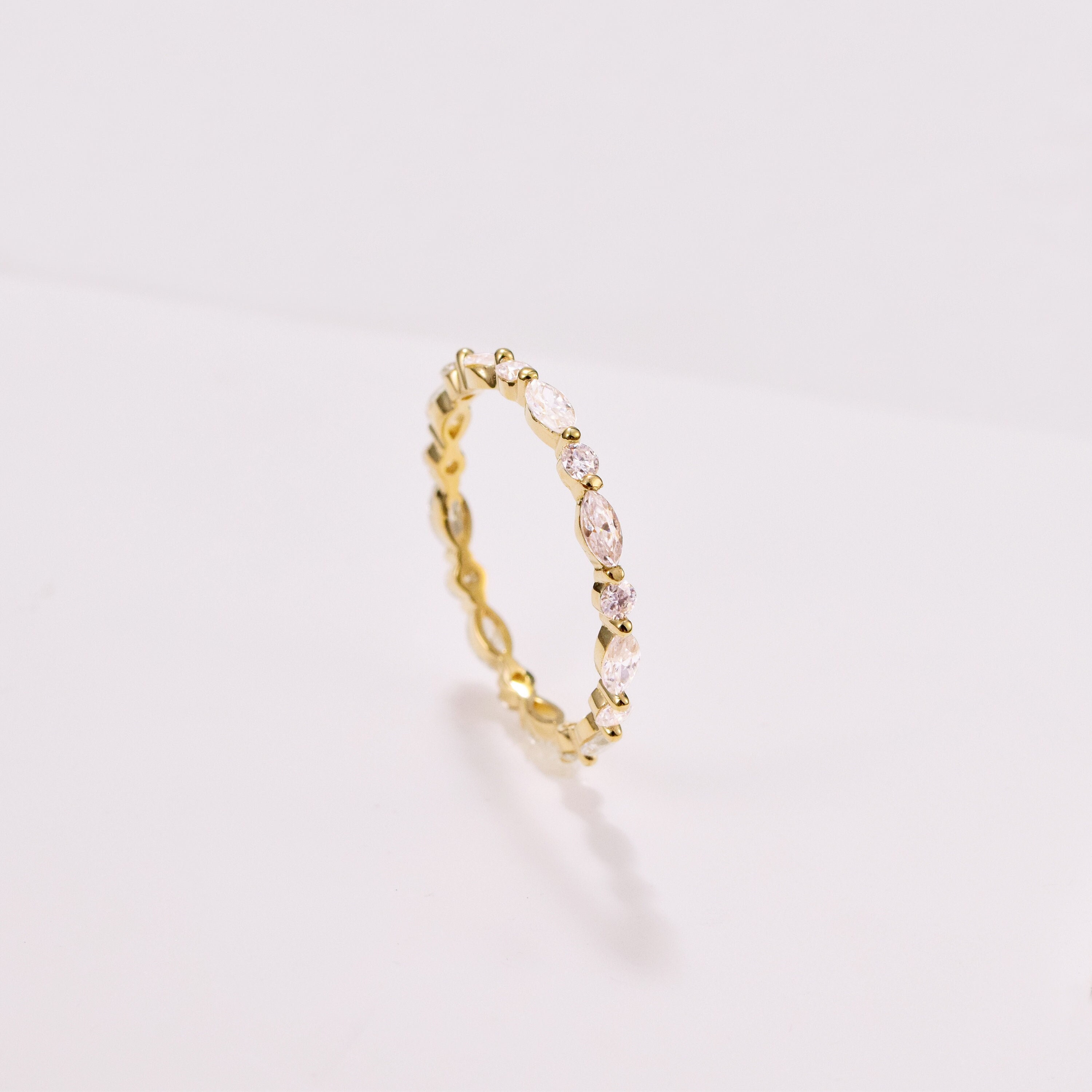 14K Solid Gold Unique Full Eternity Marquise Cut Stacking Ring Marquise ...