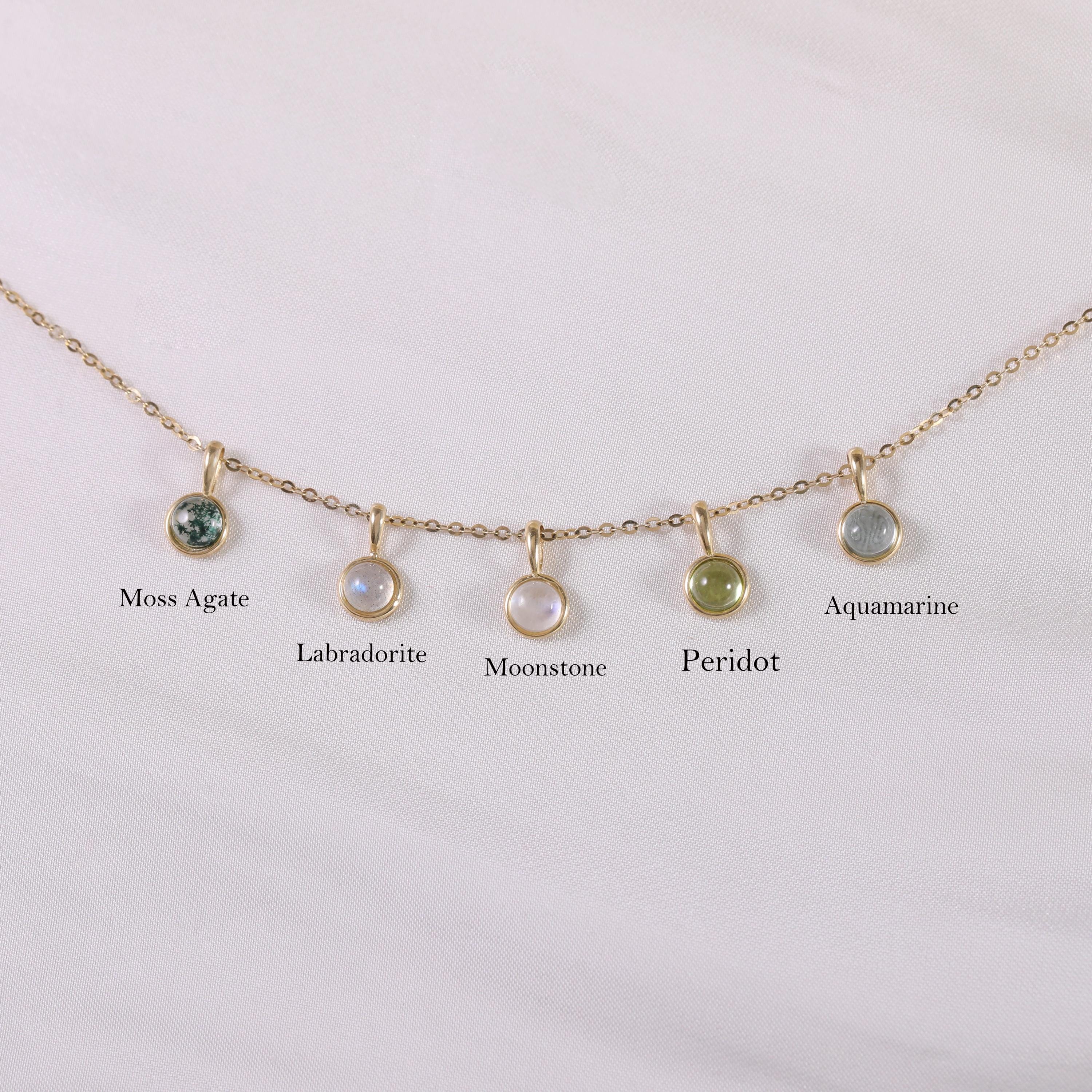Pingente de ágata musgosa/peridoto/labradorita/água-marinha/pedra da lua em ouro maciço 14K, colar com pingente solitário redondo em ouro maciço, pingente minimalista