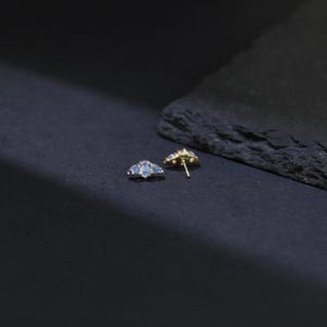May include: A pair of gold-colored stud earrings, each featuring a fan-shaped design with three light blue gemstones. The earrings are displayed on a dark surface, with a natural stone element in the background.