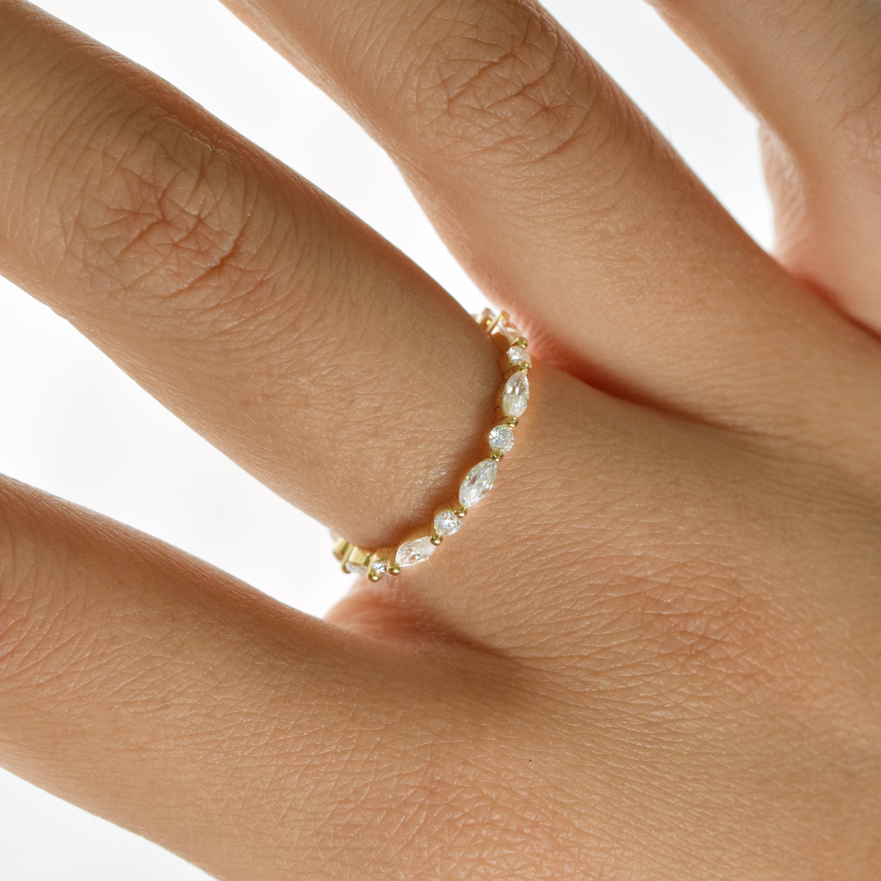 14K Solid Gold Unique Full Eternity Marquise Cut Stacking Ring Marquise ...