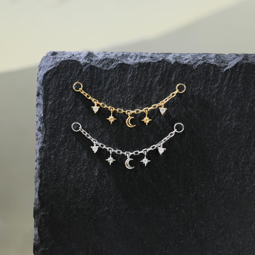 14K Gold Moon With Star Nose Chain, 925 Sterling Silver Dainty Moissanite Chain, 14K Gold Plated Celestial Helix Cartilage Hoop Nose Chain - Etsy Japan