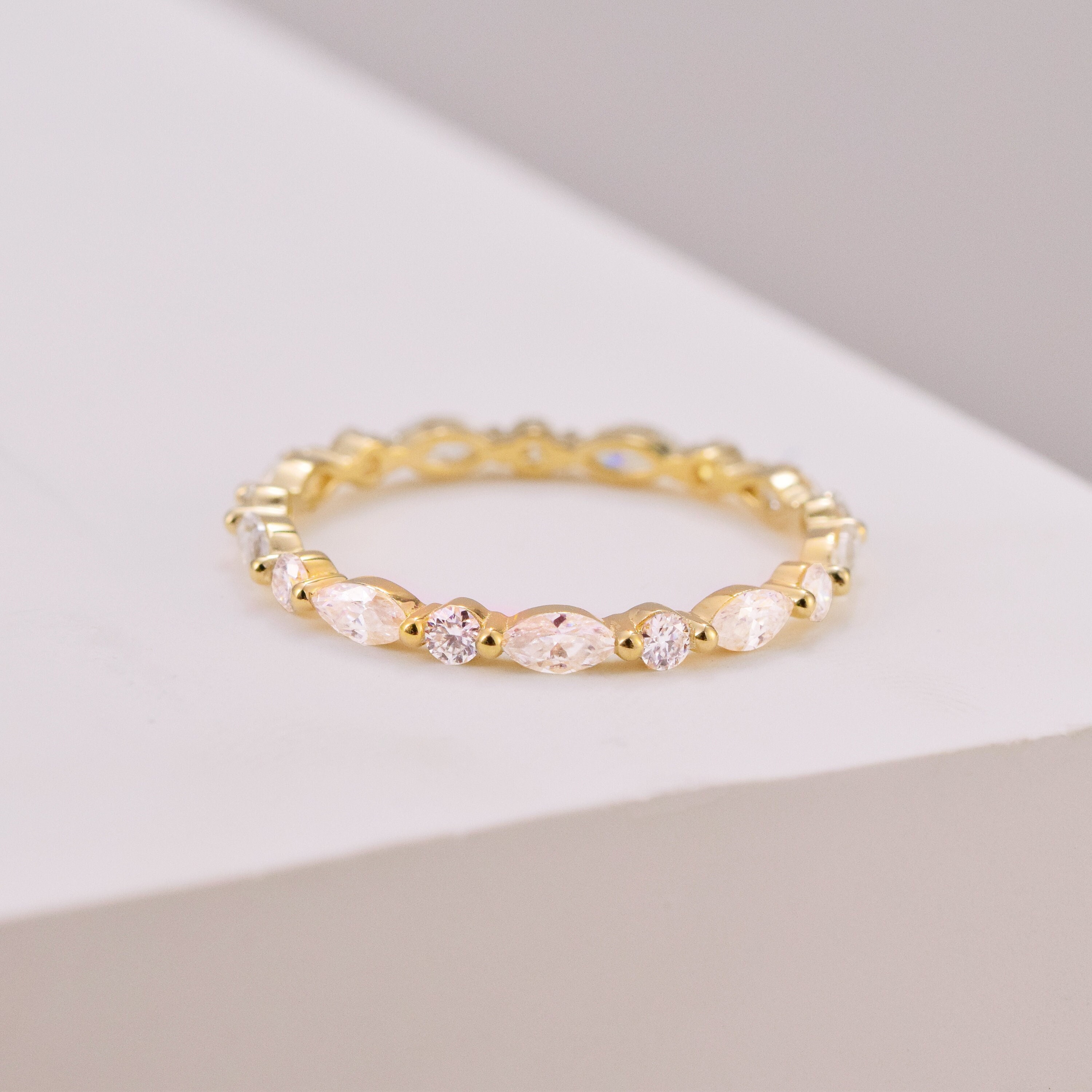 14K Solid Gold Unique Full Eternity Marquise Cut Stacking Ring Marquise ...