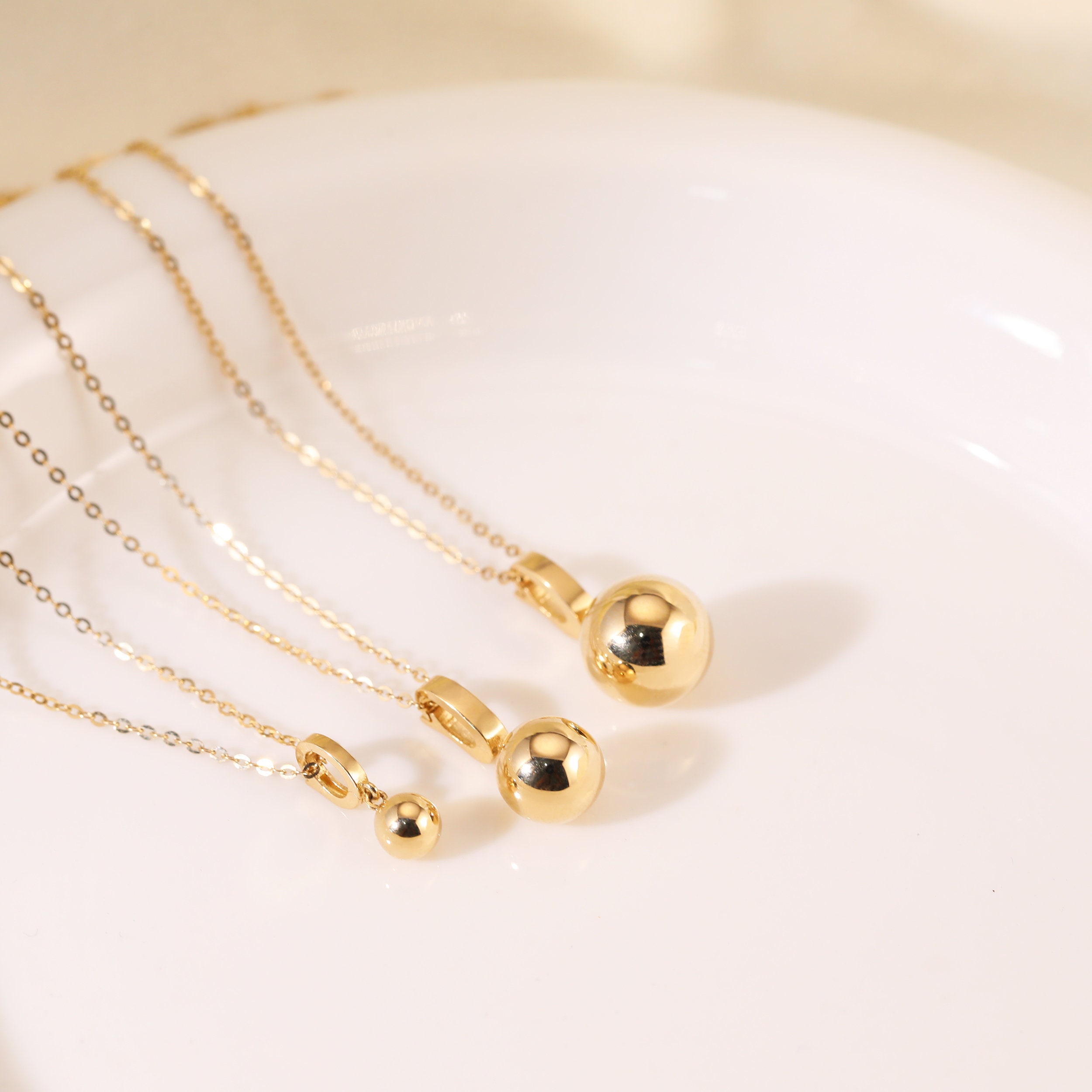 14K Solid Gold Ball Pendant Necklace Gold Sphere Charm Beads