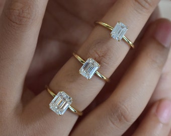 14K Solid Gold Baguette Solitaire Ring Emerald Cut Moissanite Engagement Ring Stackable Dainty Ring 1 /1.8/3 Ct Proposal Ring Promise ring