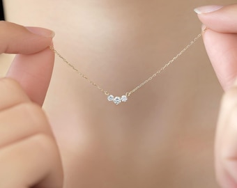 14K Solid Gold Classic Trio Diamond Necklace, Dainty Diamond Necklace Triple Sparkling Gemstone Necklace, Handmade Jewelry, Gift For Her
