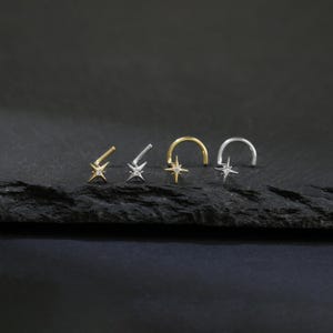 May include: Four nose rings with star-shaped designs. Two are straight, one is gold-toned, and the other is silver-toned. The other two are curved, one gold-toned and one silver-toned. Each star has a small, clear gem in the center.