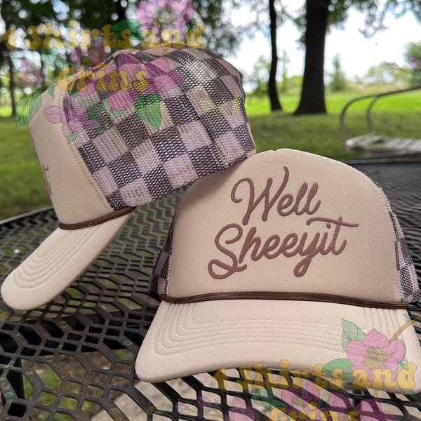 Funny Trucker Hat – “Well Sheeyit” Checkered Mesh Cap | Brown Puff Print | Country Humor Hat