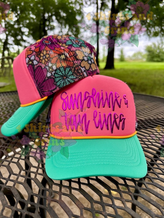 Sunshine & Tan Lines Trucker Hat | Custom Trucker Hat | Summer Floral Cap | Neon Puff Print | Ponytail Hat