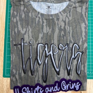 Custom Metallic Puff Word Shirt | Mossy Oak Bottomland Camo Tee | Personalized Puff Vinyl T-Shirt