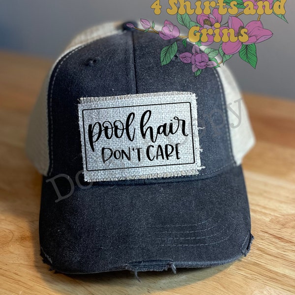 Pool Hair Don't Care Trucker Hat | Distressed Hat | Patch Hat | Ball Cap | Leopard | Criss Cross Ponytail Hat