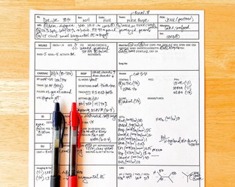 May include: A medical chart with handwritten notes and a diagram of a patient's blood pressure and heart rate. The chart includes information about the patient's medical history, allergies, and medications.