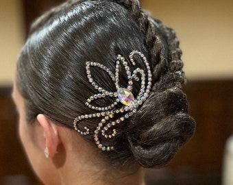 Hairpiece for Ballroom Dance Competition Pretty Lotus Crystal AB Rhinestone Accessory for Latin, Rhythm, Smooth, Ballroom Dancing