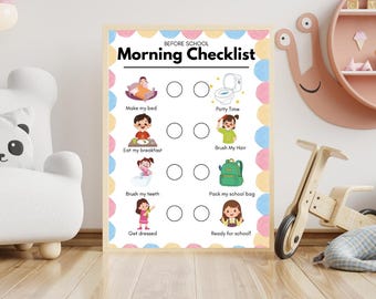 May include: A framed "Morning Checklist" poster with colorful illustrations and text. The checklist includes tasks like making the bed, eating breakfast, brushing teeth, and getting dressed. The poster is designed for children to follow before school.