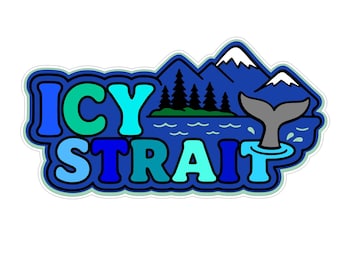 May include: A die-cut sticker featuring the text ICY STRAIT in blue and teal bubble letters. The design includes a landscape with dark blue mountains, white snow-capped peaks, a forest of black pine trees, blue water, and a grey whale tail.