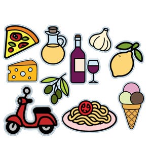 May include: A collection of colorful Italian-themed illustrations. Includes a slice of pizza, cheese, olive oil, olives, a bottle of wine, a wine glass, garlic, a lemon, a red scooter, spaghetti, and an ice cream cone.
