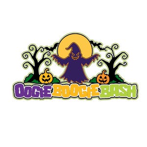 Può includere: Un design grafico con il testo OOGIE BOOGIE BASH in lettere viola, arancioni e verde lime. L'immagine include una figura di fantasma viola centrale, una luna piena gialla, due zucche arancioni, alberi neri e pipistrelli in volo.