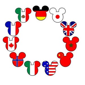 May include: A circle of red, white, and blue Mickey Mouse heads with flags from different countries inside each head.