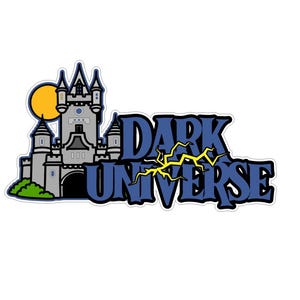 May include: A sticker featuring a gray castle with a yellow sun in the background. The text "DARK UNIVERSE" is in blue with a yellow lightning bolt through it. The sticker has a white border.