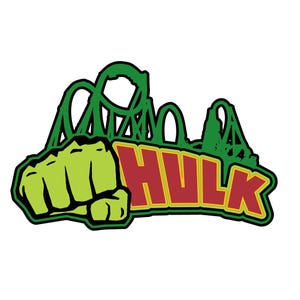 May include: A green fist and roller coaster design with the word "HULK" in red letters with a yellow outline. The design is on a white background.
