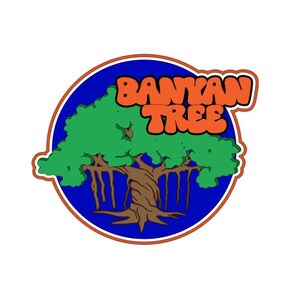 May include: A blue circle with an orange outline features a cartoon banyan tree with green leaves and brown roots. The text "BANYAN TREE" is written in orange letters.