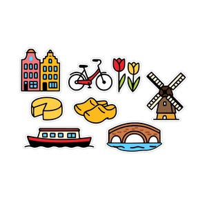 Könnte beinhalten: Eine Sammlung farbenfroher Aufkleber-Illustrationen mit niederländischen Kulturikonen. Enthält ein rotes Fahrrad, Tulpen, eine Windmühle, Käse, Holzschuhe, ein Boot, eine Brücke und traditionelle Häuser.