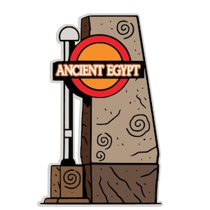 Puede incluir: Ilustración de estilo caricatura de un letrero del Antiguo Egipto. El letrero presenta una estructura de piedra marrón con un círculo naranja y borde rojo, y las palabras "ANCIENT EGYPT" en blanco. El poste es blanco y negro.