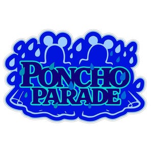 Pode incluir: Um autocolante azul e branco com a frase "PONCHO PARADE". O design inclui gotas de chuva e orelhas do Mickey Mouse, criando uma estética lúdica com tema meteorológico.