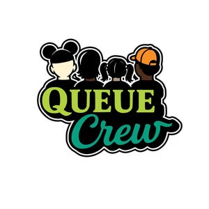 May include: A graphic featuring four stylized figures with different skin tones and hairstyles. The text "QUEUE Crew" is in green and teal, outlined in black and white, suggesting a team or group.